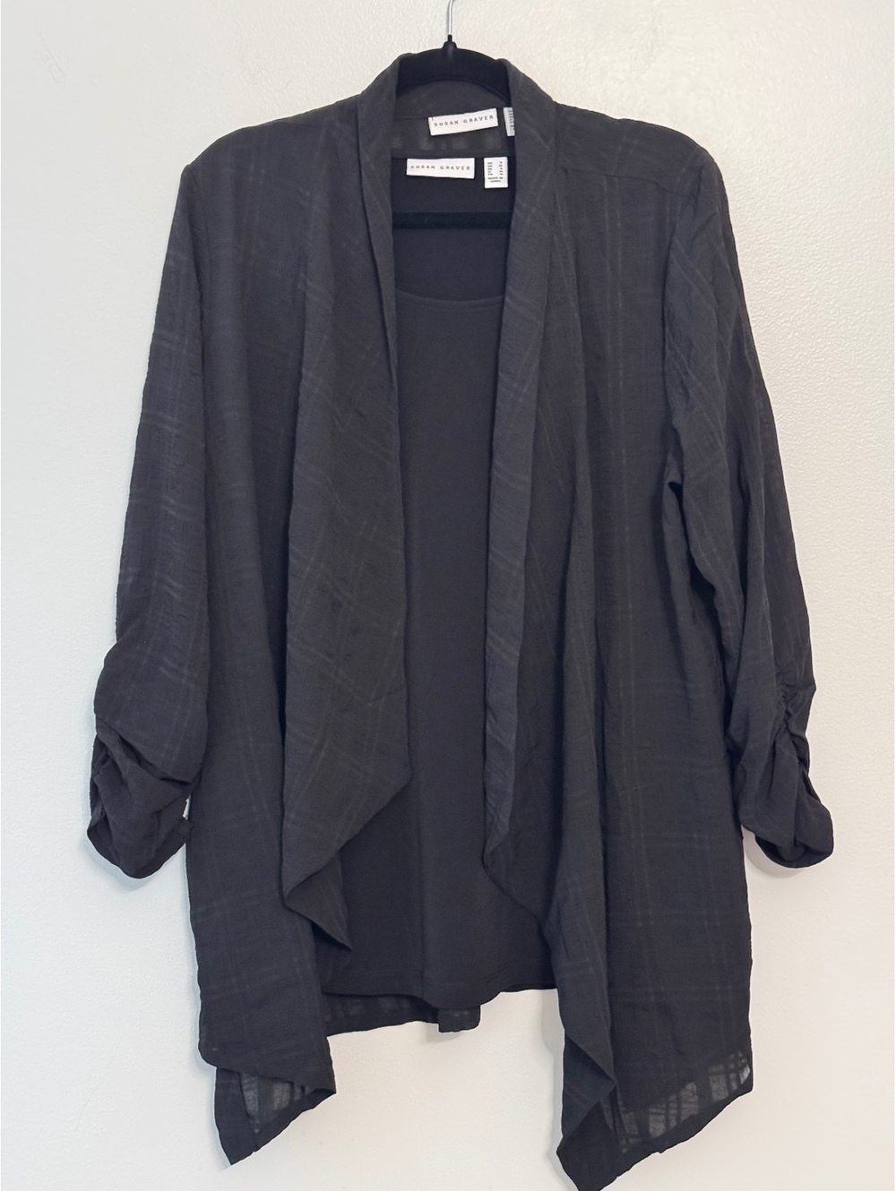 Black Two-Piece Layered Cardigan and Tank Top Set, Size Large